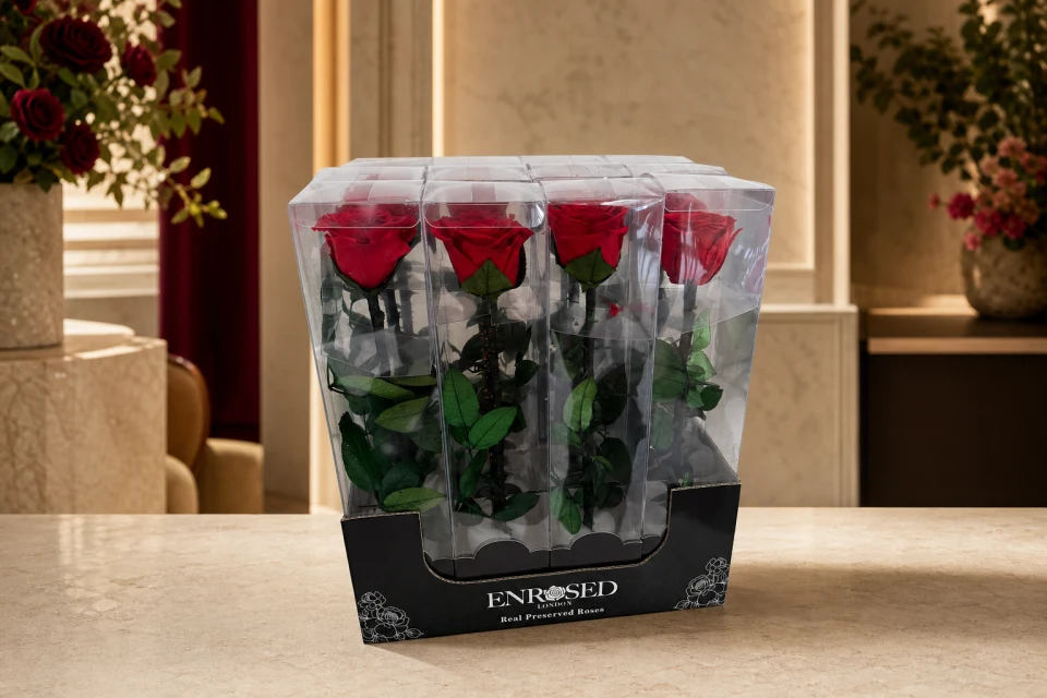 12 Preserved Stem Roses with Display in Red